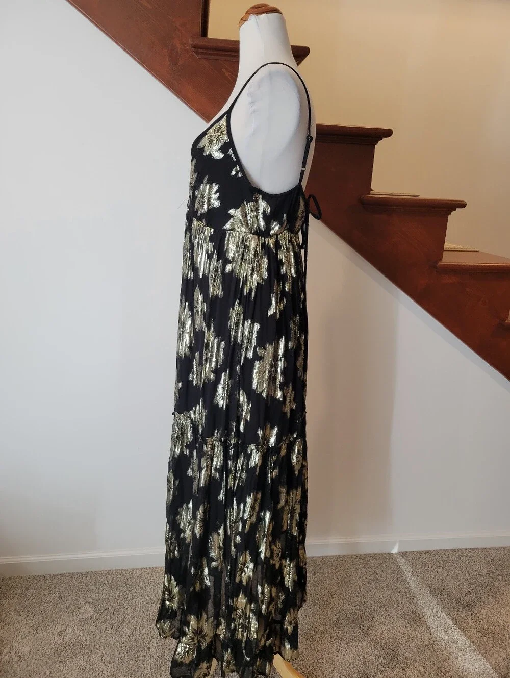 GOA Black and Gold Floral Maxi Dress Elegant Spaghetti Strap Boho Dress Size M - Picture 2 of 7